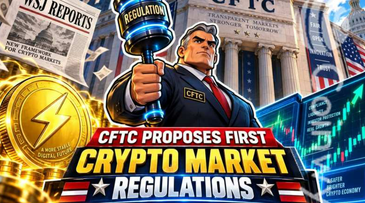 CFTC 규제 담당자가 망치를 들고 암호화폐 시장 규제를 상징하는 일러스트